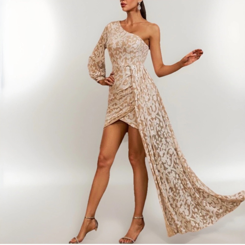 Miss Ord One Shoulder Draped Chic Mini Dress in Cream W/White Sequin Overlay XL